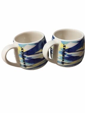 Starbucks Blue Yellow White Espresso ☕️ Abstract Ceramic Mugs - Set of 2